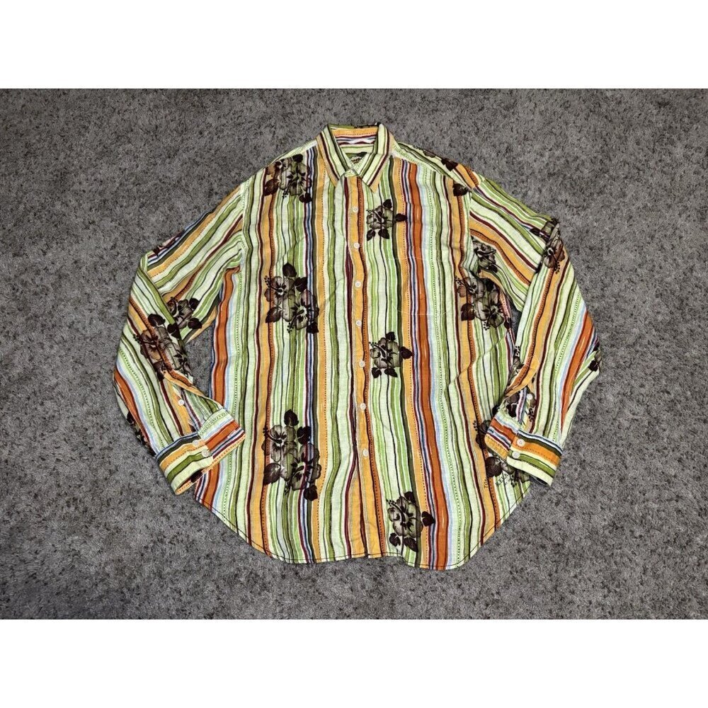 TOMMY BAHAMA Relax LINEN Long Sleeve Button Shirt Hawaiian Stripe Floral LARGE T